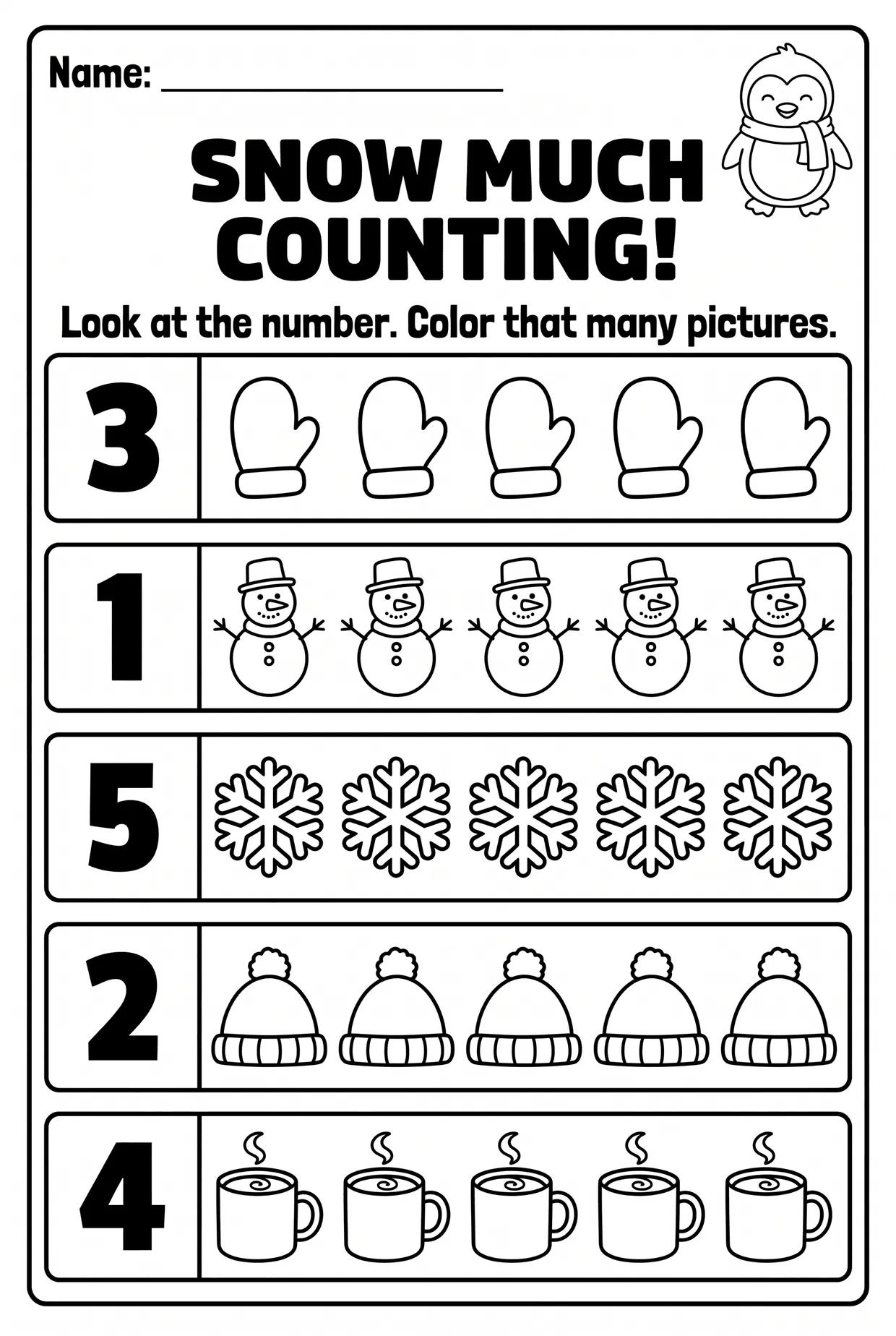 Winter Counting Worksheet for Preschool: Color That Many, page 1 preview