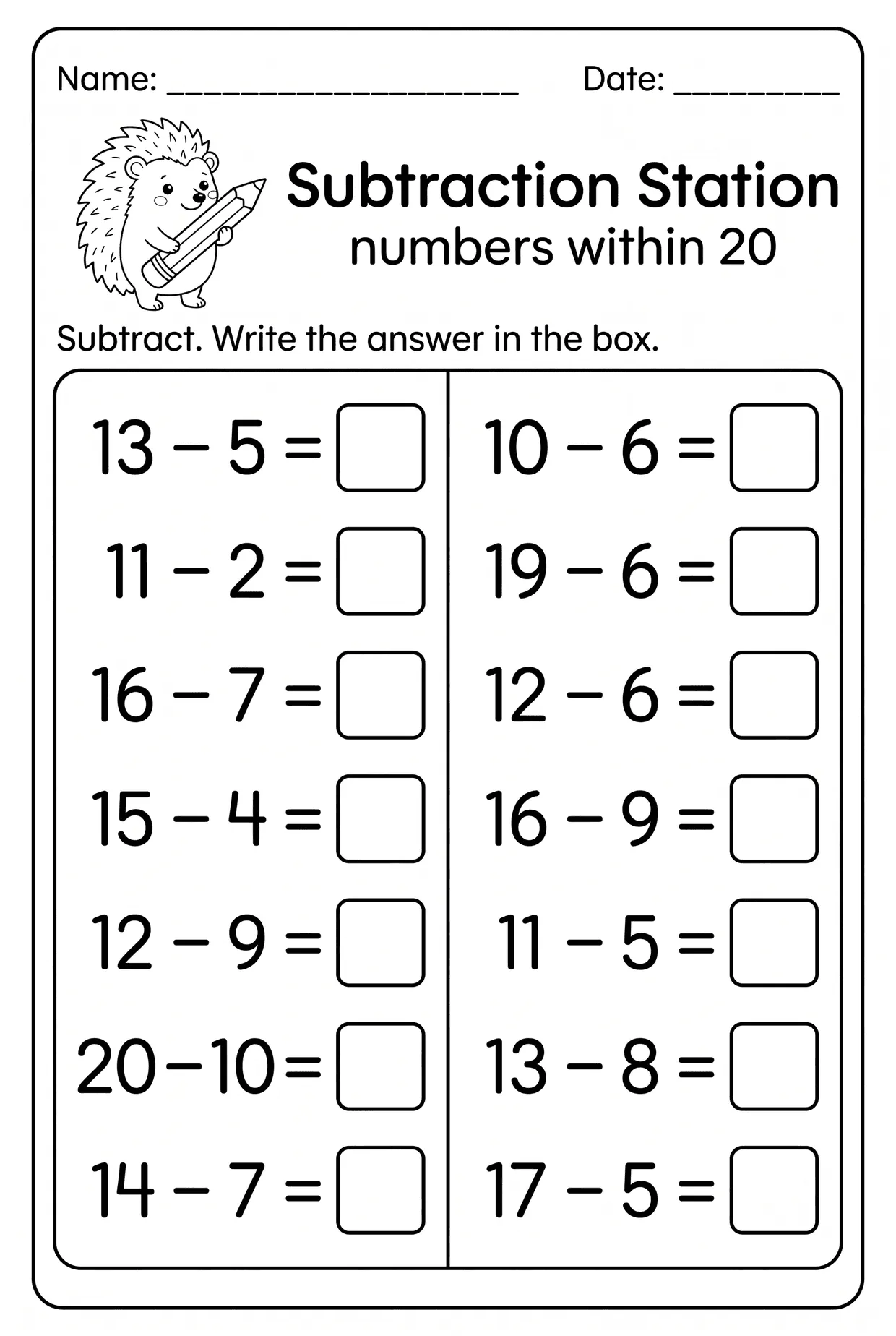 Subtraction Station Worksheet Within 20 for 1st Grade, page 1 preview