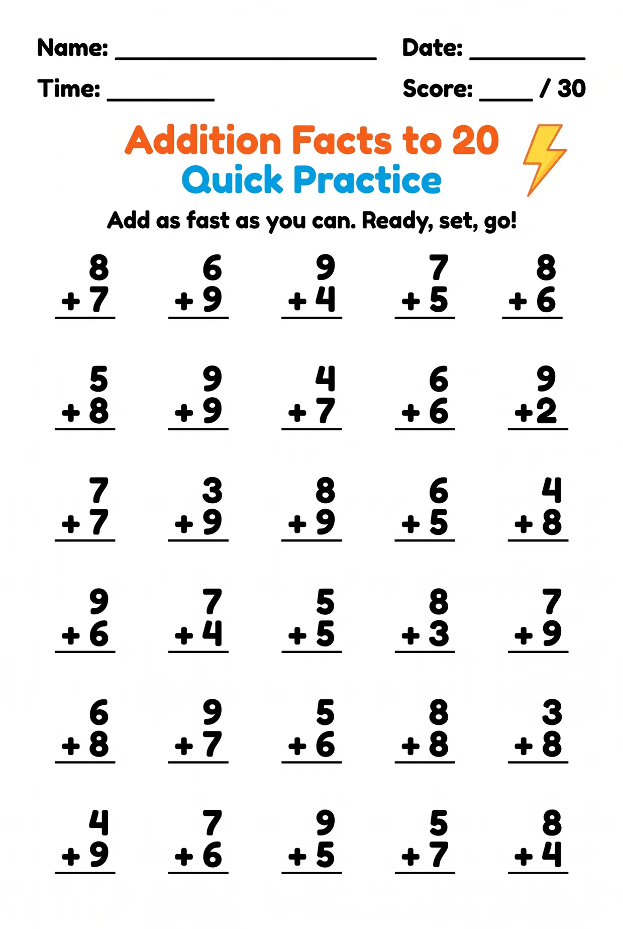Addition Within 20 Quick Practice Worksheet for Grade 2, page 1 preview