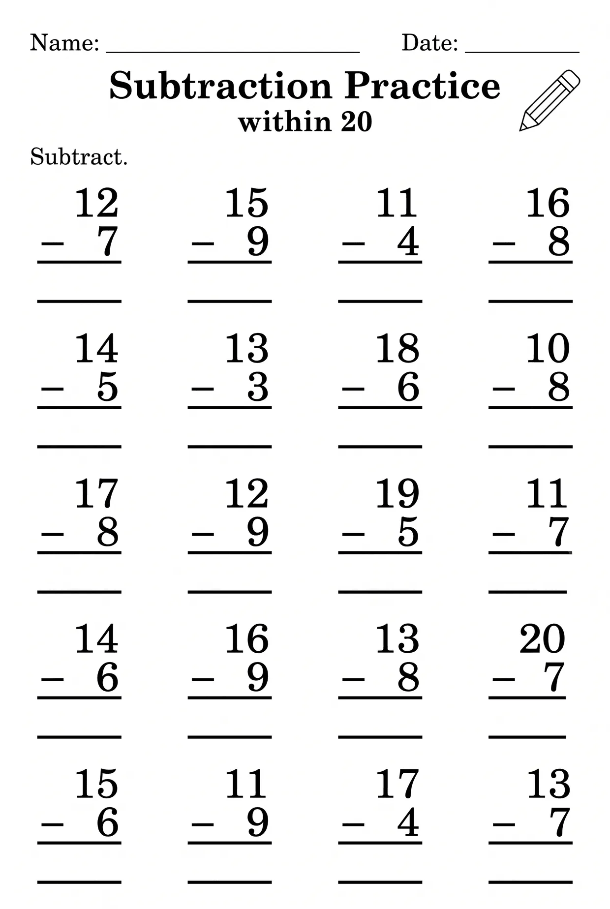 Subtraction Within 20 Practice Worksheet for Grade 1, page 1 preview