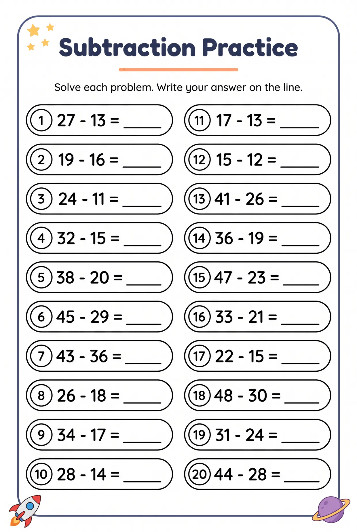 Within 50: 2nd Grade Subtraction Worksheet, page 1 preview