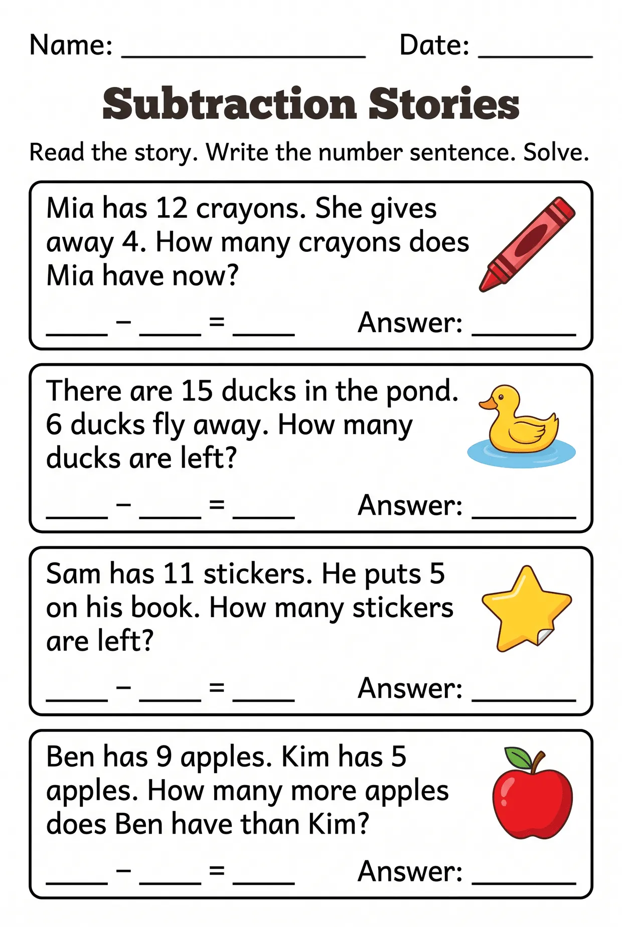 Subtraction Word Problems Worksheet for Grade 1, page 1 preview