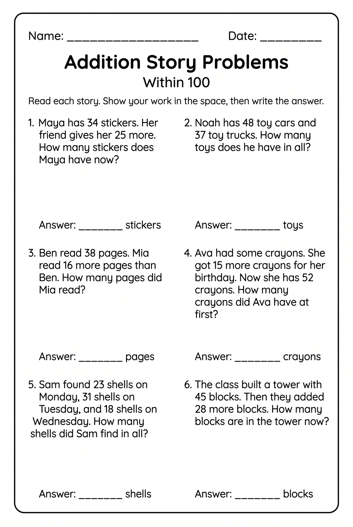 Addition Word Problems Within 100 Worksheet for Grade 2, page 1 preview