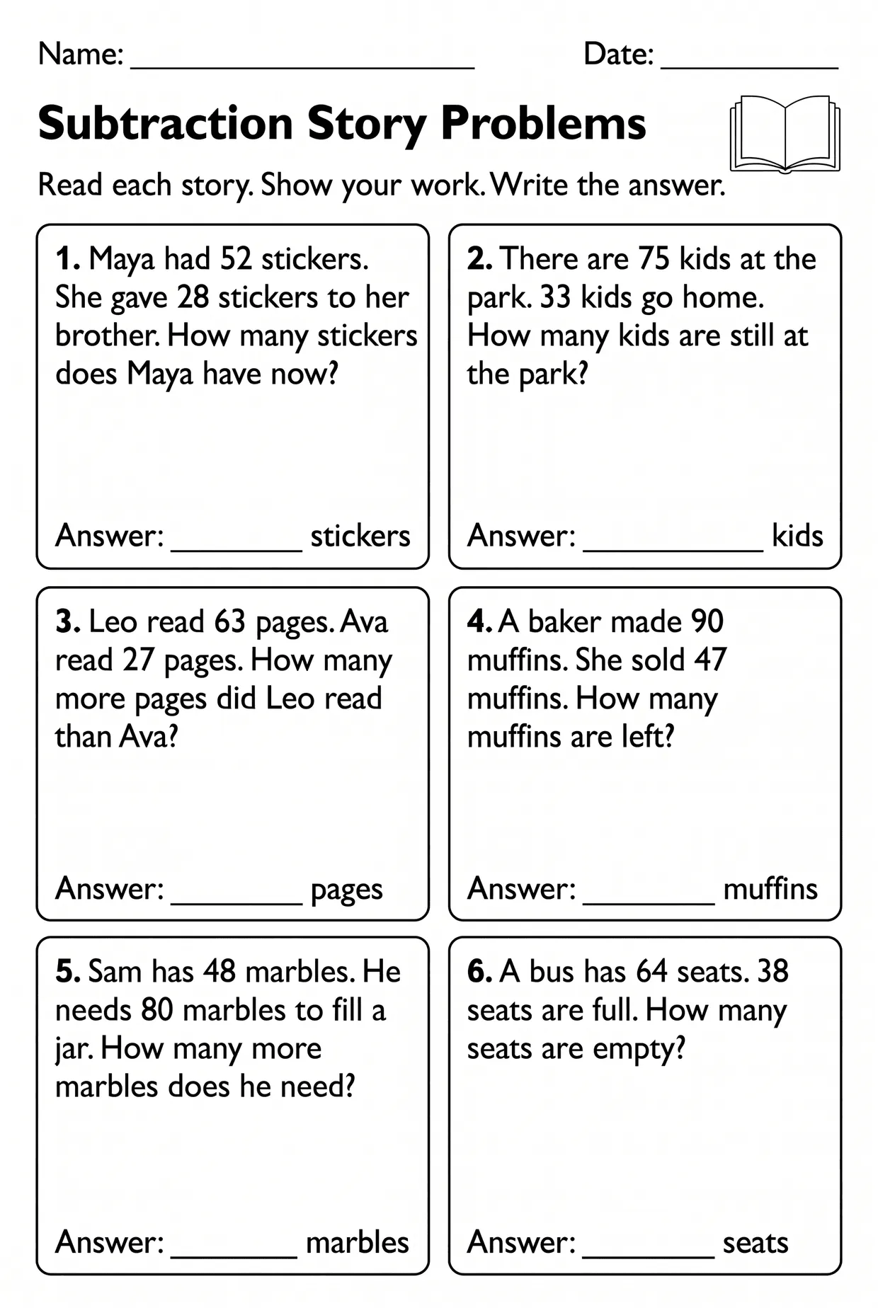 Subtraction Word Problems Worksheet for 2nd Grade, page 1 preview