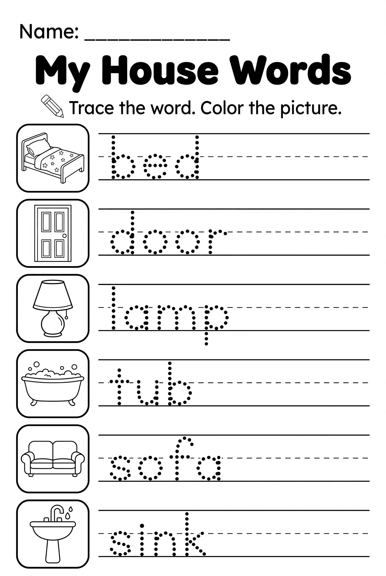 My House Words Tracing Worksheet for Kindergarten, page 1 preview
