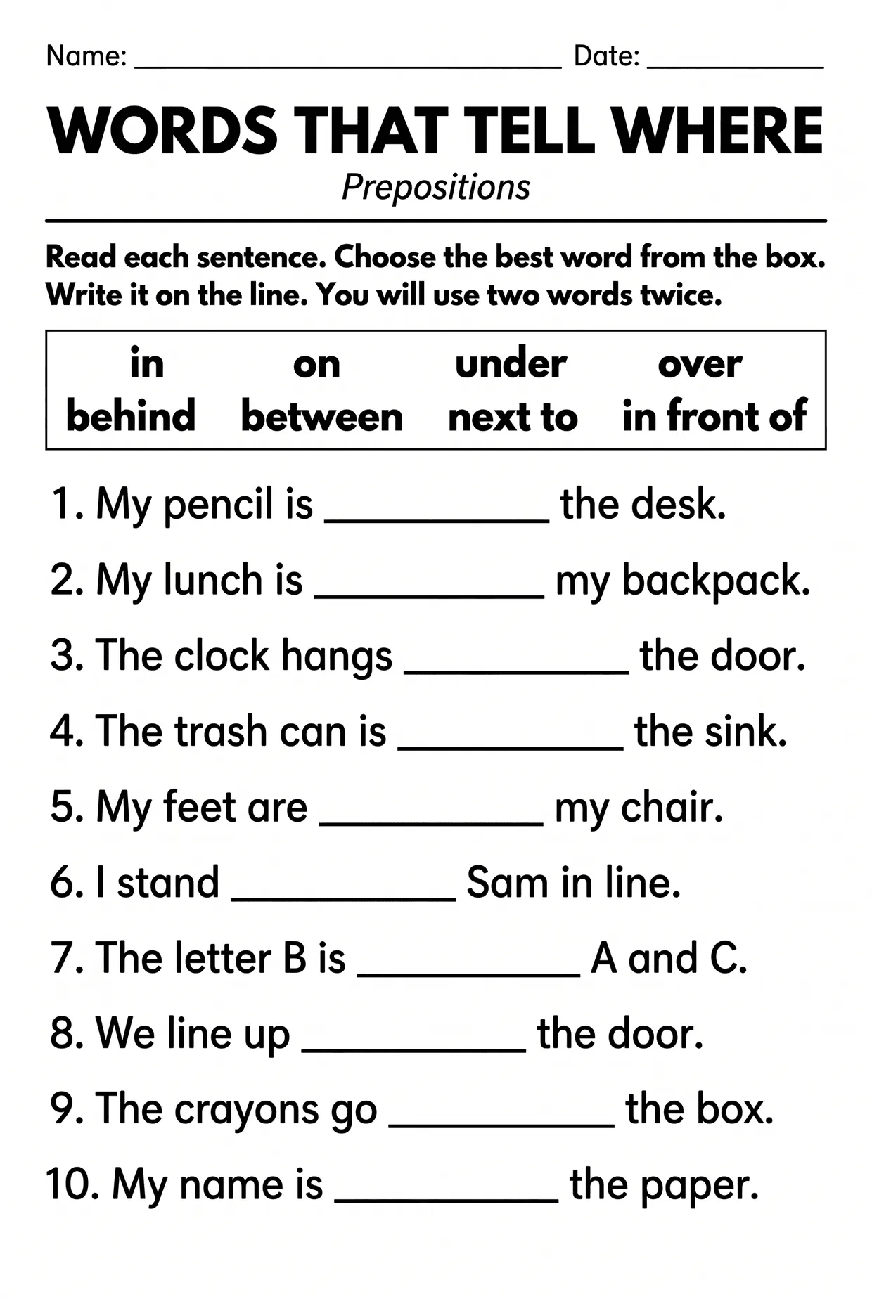 Words That Tell Where: Prepositions Worksheet, Grade 1, page 1 preview