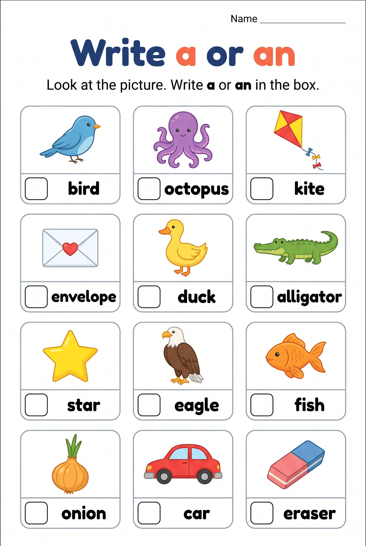 Write A or An Picture Card Worksheet for Grade 1, page 1 preview