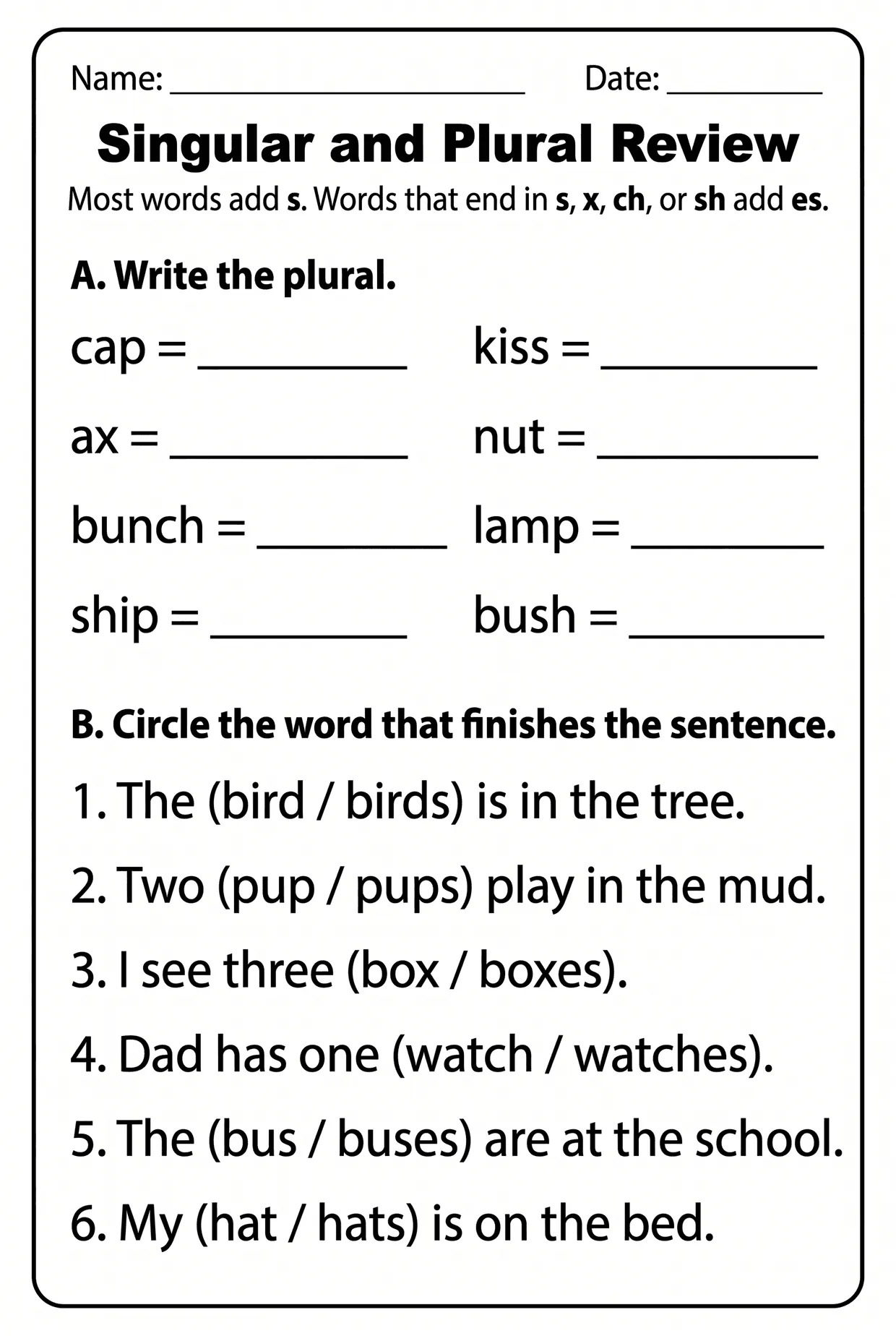 Singular and Plural Review Worksheet for Grade 1, page 1 preview