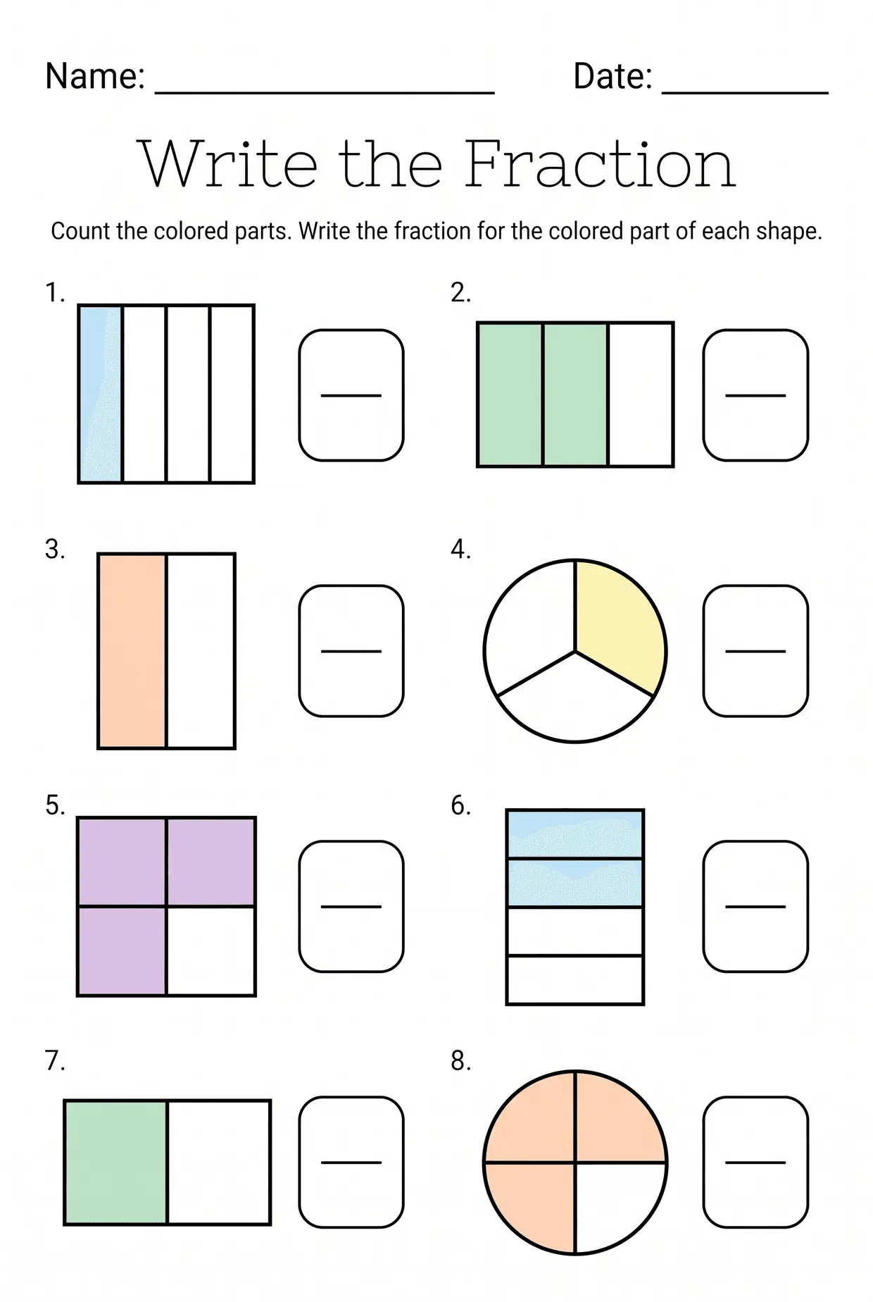 Write the Fraction: 2nd Grade Fractions Worksheet worksheet preview