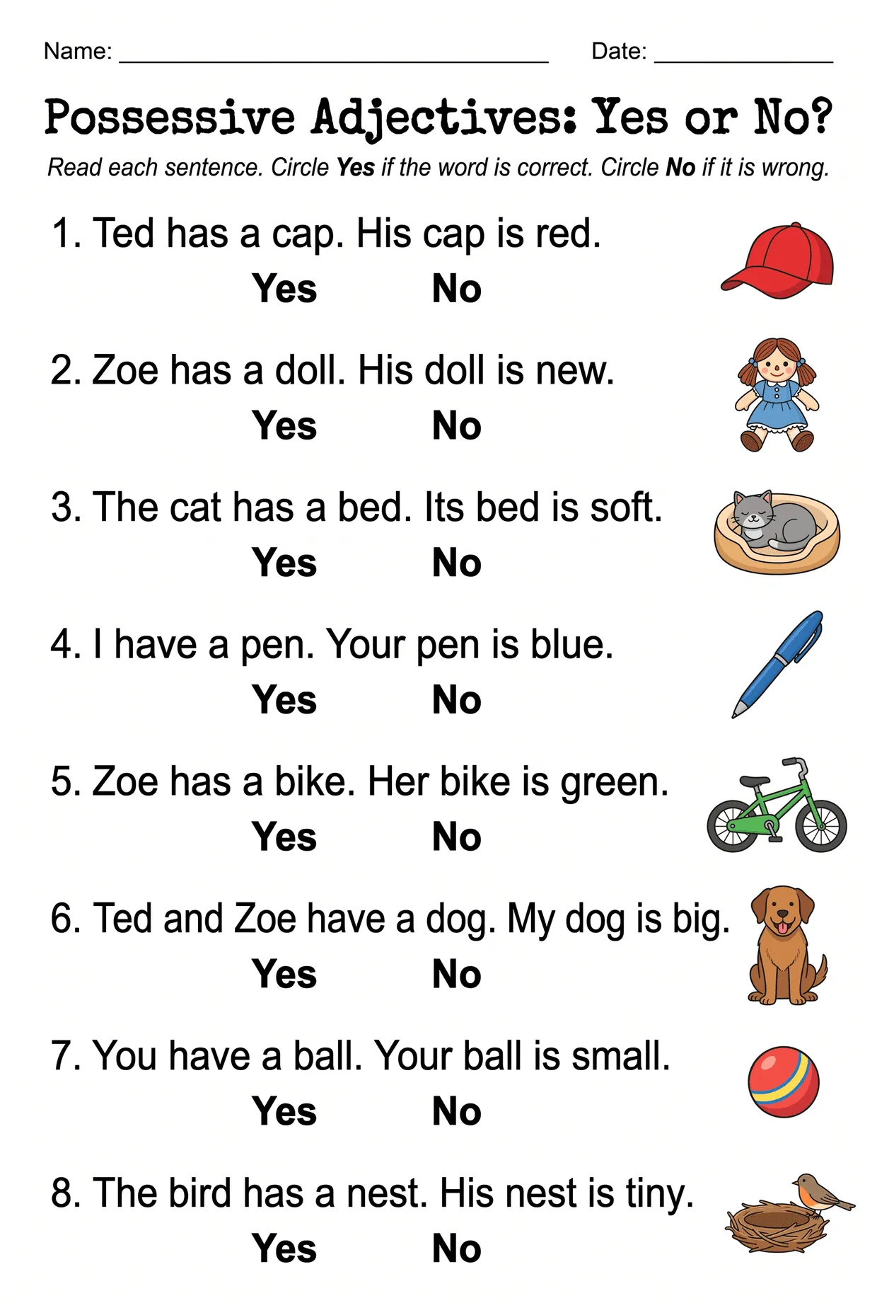Yes or No Possessive Adjectives Worksheet, page 1 preview