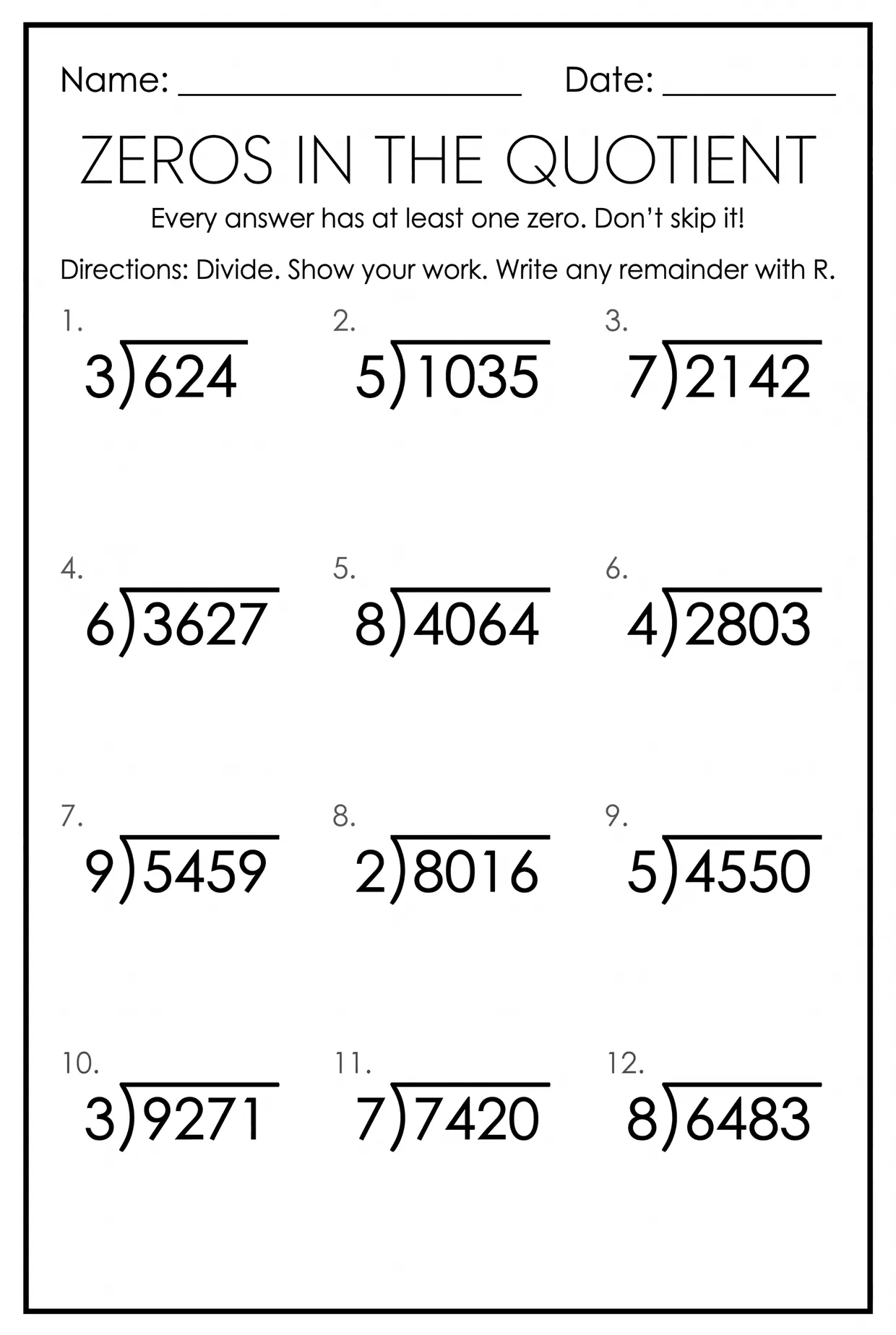 Zeros in the Quotient Division Worksheet Grade 4 worksheet preview