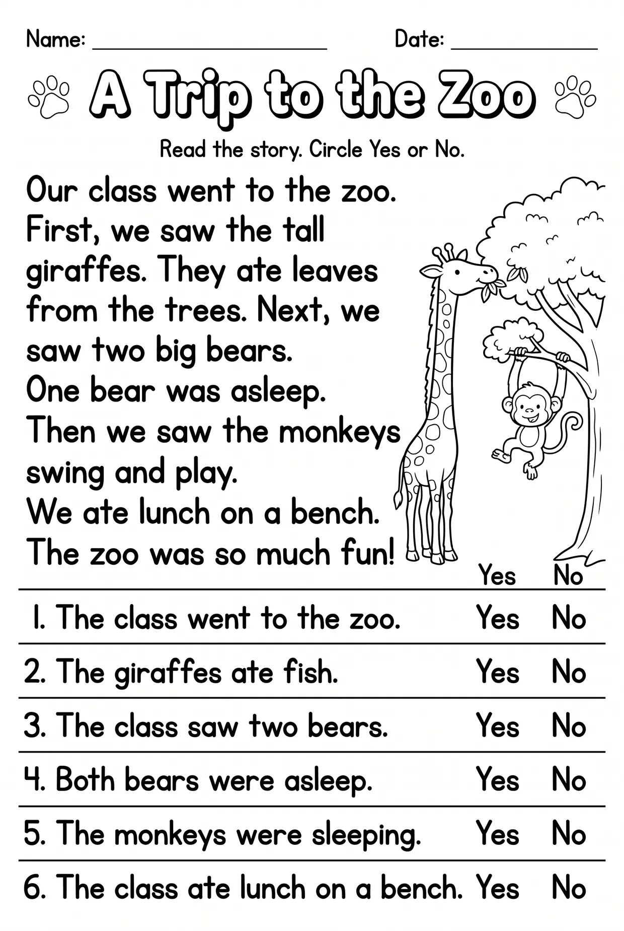 Trip to the Zoo Yes or No Reading Comprehension Grade 1, page 1 preview